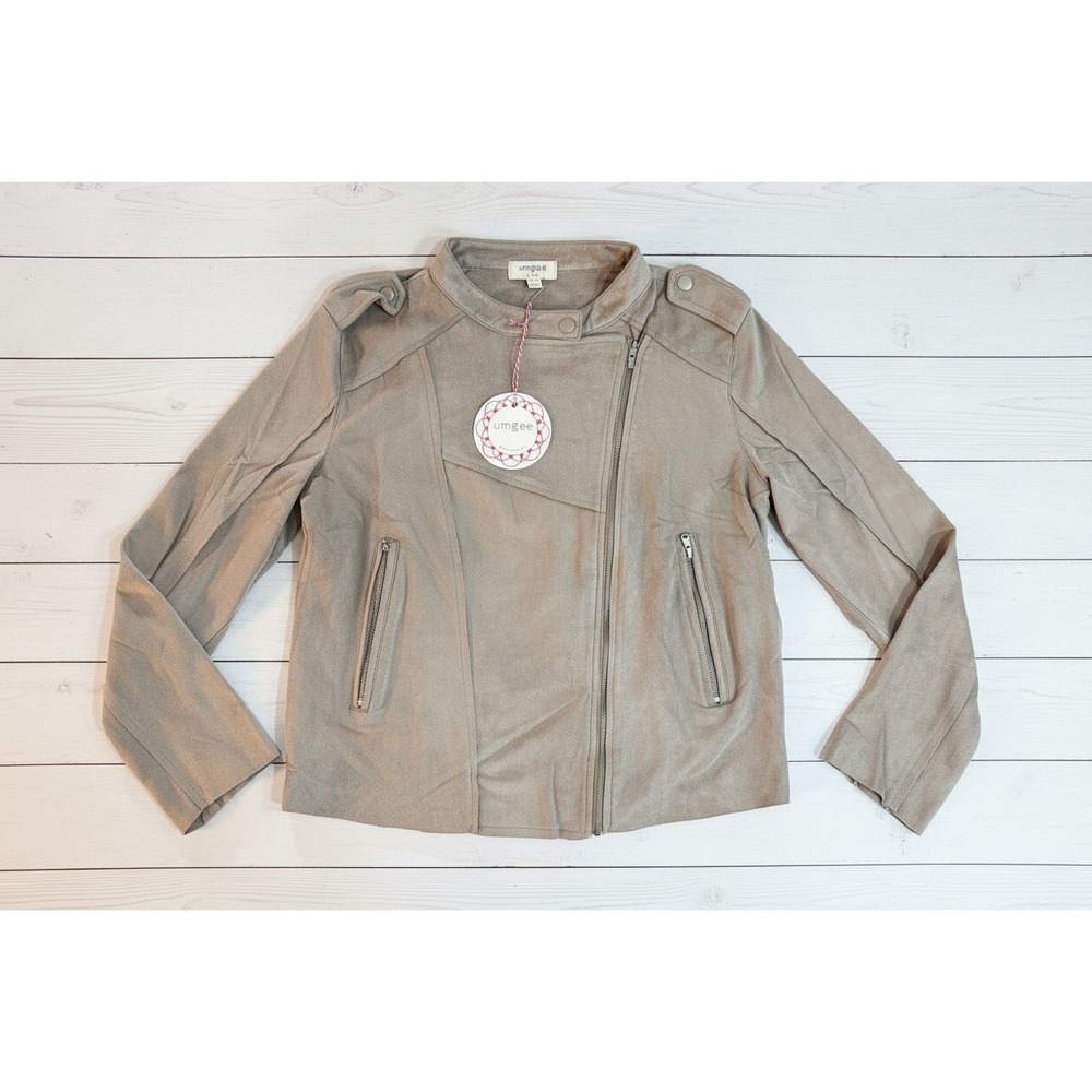 NWT Small Umgee Faux Suede Lightweight Moto Jacket Taupe Raw Hem Asymmetric Zip